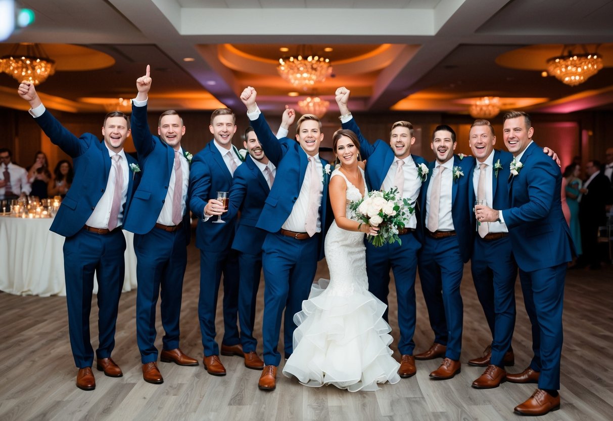 A group of groomsmen and wedding party members celebrate together at a lively reception