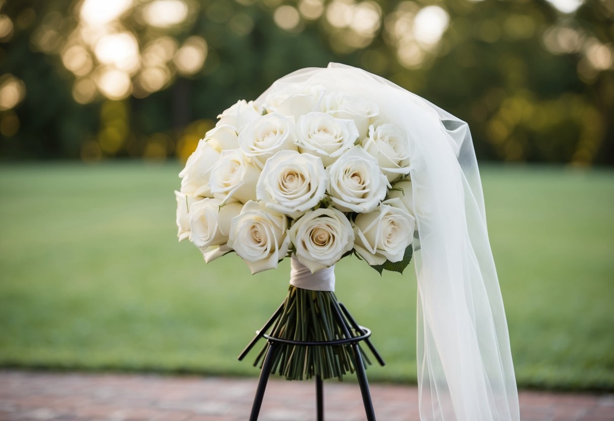 A bouquet of white roses and a flowing veil on a stand