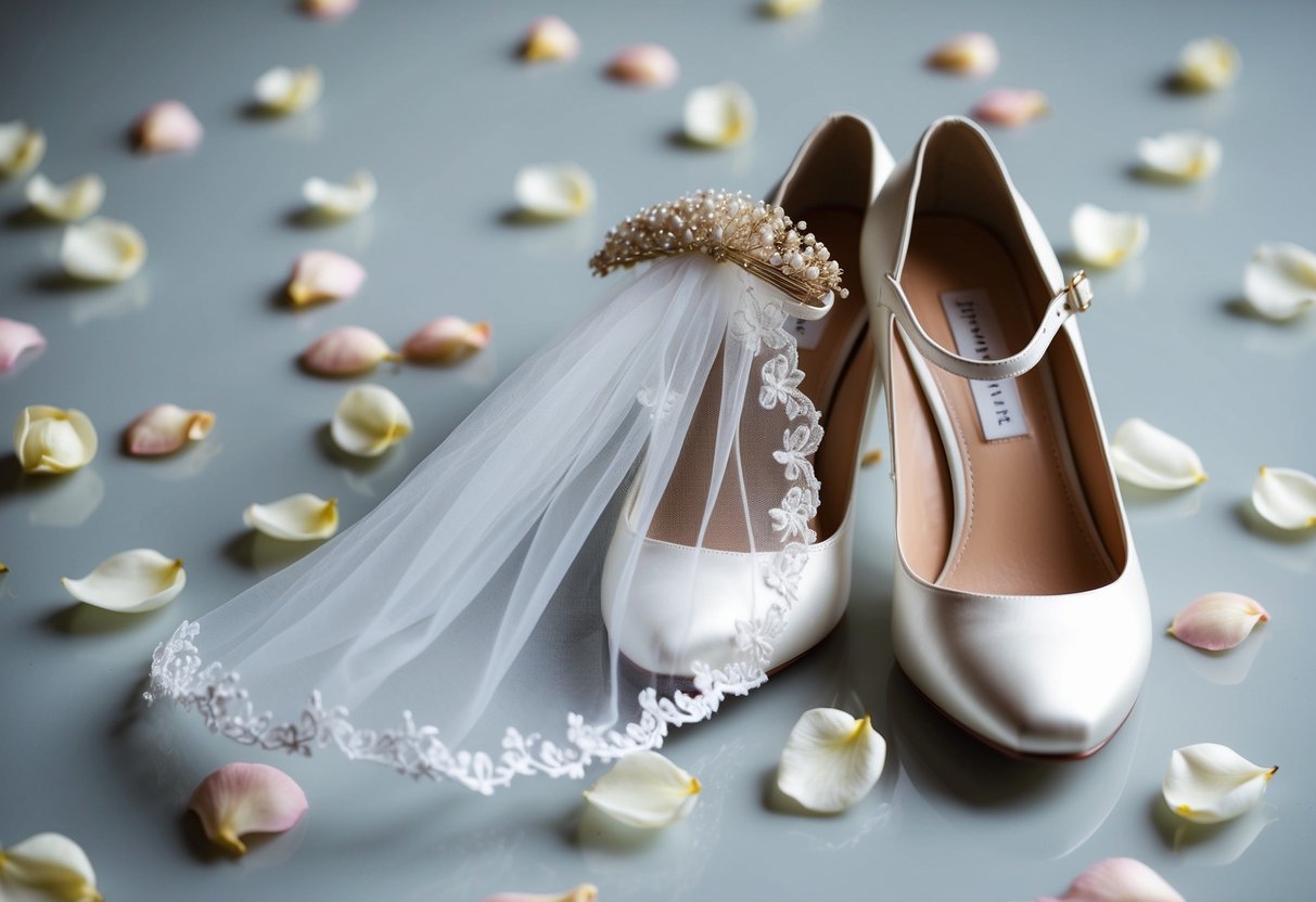 A bridal veil hanging from a delicate hair comb, surrounded by scattered rose petals and a pair of white satin shoes