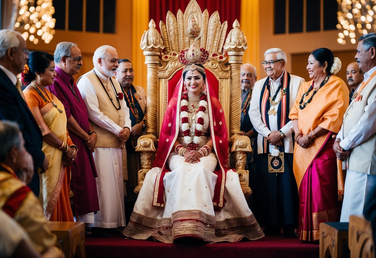 A bride sitting on a throne, adorned with traditional ceremonial garments and jewelry, surrounded by elders and family members in a sacred space