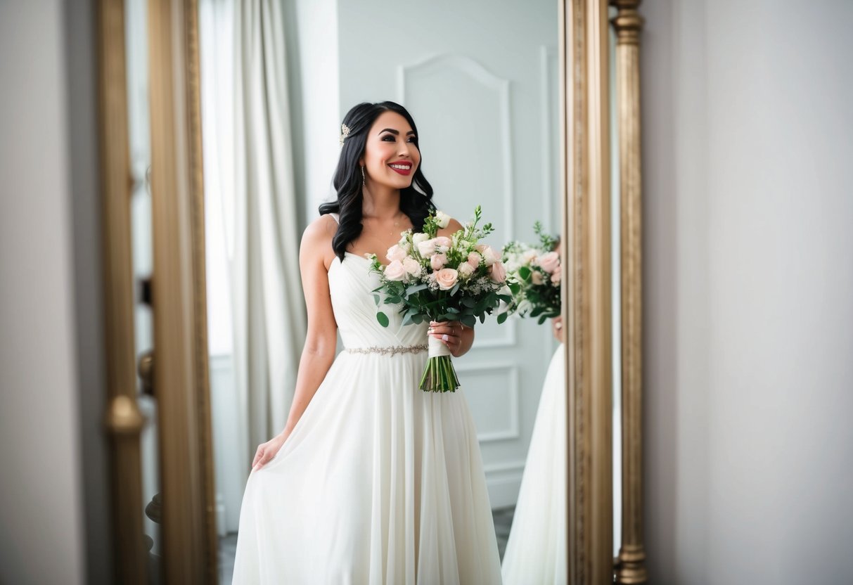 A woman in a flowing white gown stands before a mirror, holding a bouquet of flowers. She gazes at her reflection with a look of joy and anticipation