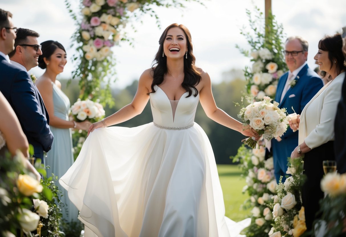 A woman in a flowing white gown, surrounded by flowers and wedding decorations, with a joyful expression on her face