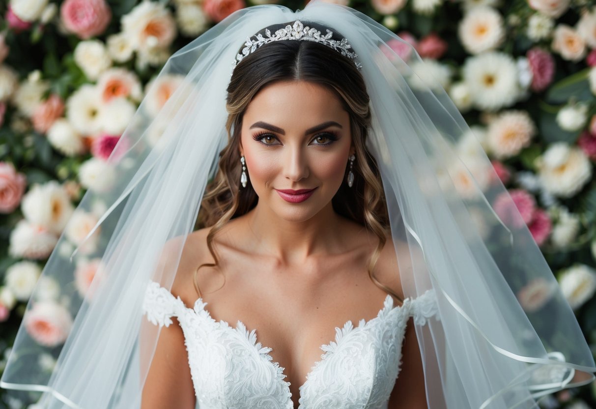 A woman surrounded by wedding dress, flowers, and a veil