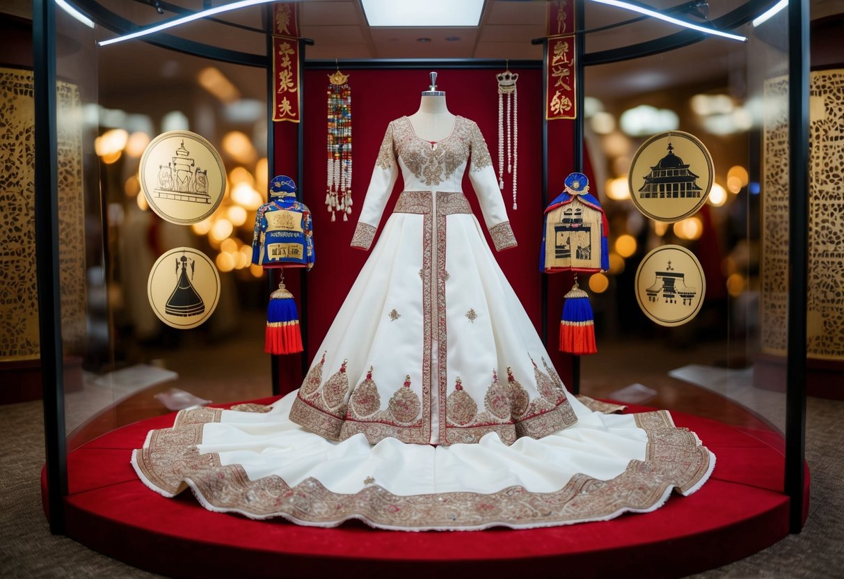 A traditional wedding gown displayed with cultural and historical symbols surrounding it