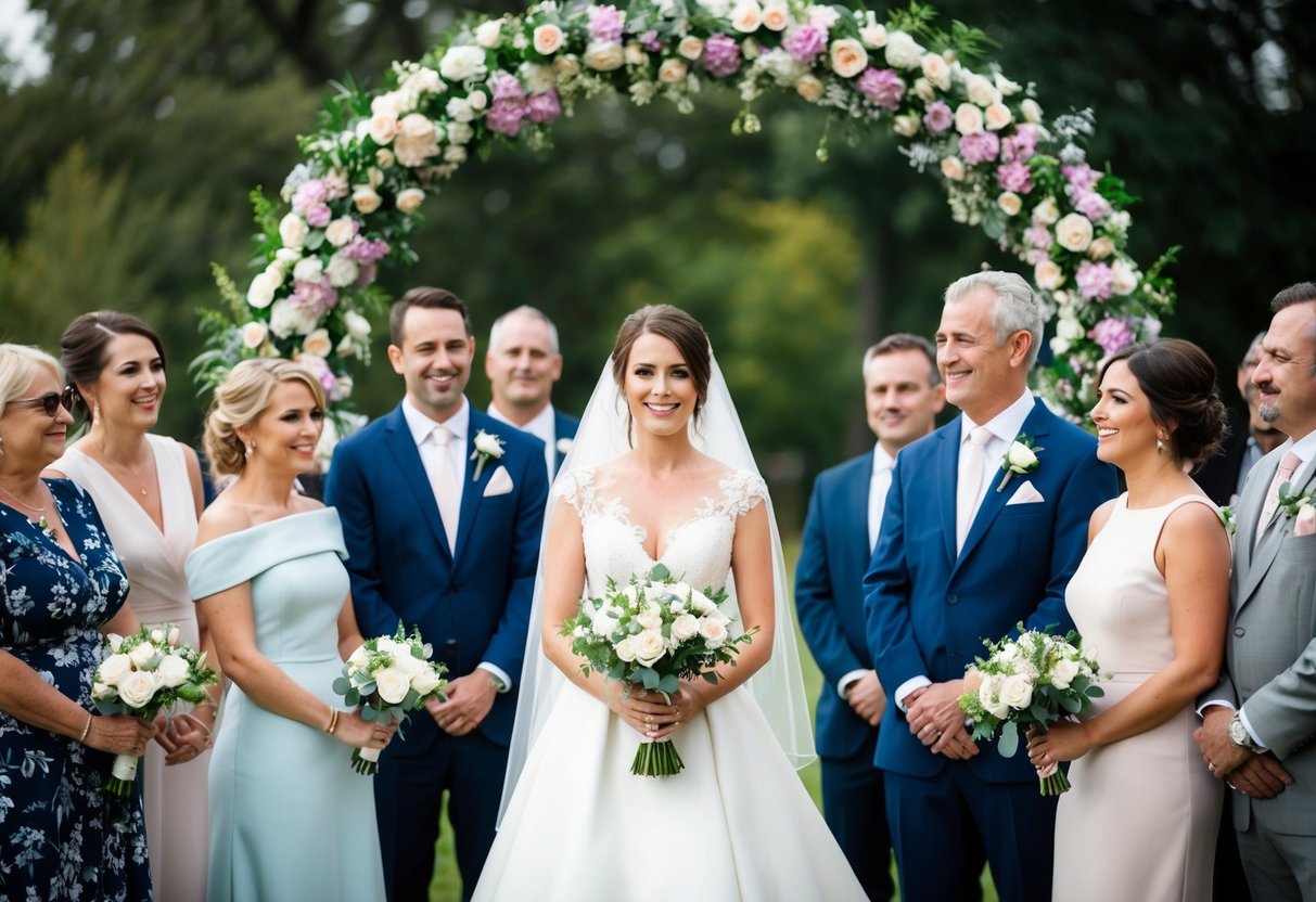A woman in a white wedding dress stands under a floral arch, surrounded by friends and family, holding a bouquet