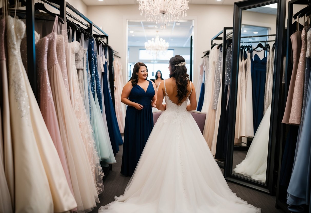 A bride admires a wedding dress in a boutique, surrounded by racks of gowns and a large mirror