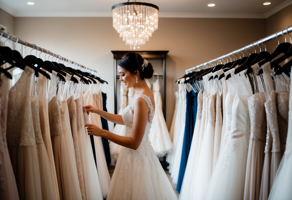 A bride browsing through racks of wedding dresses in a boutique