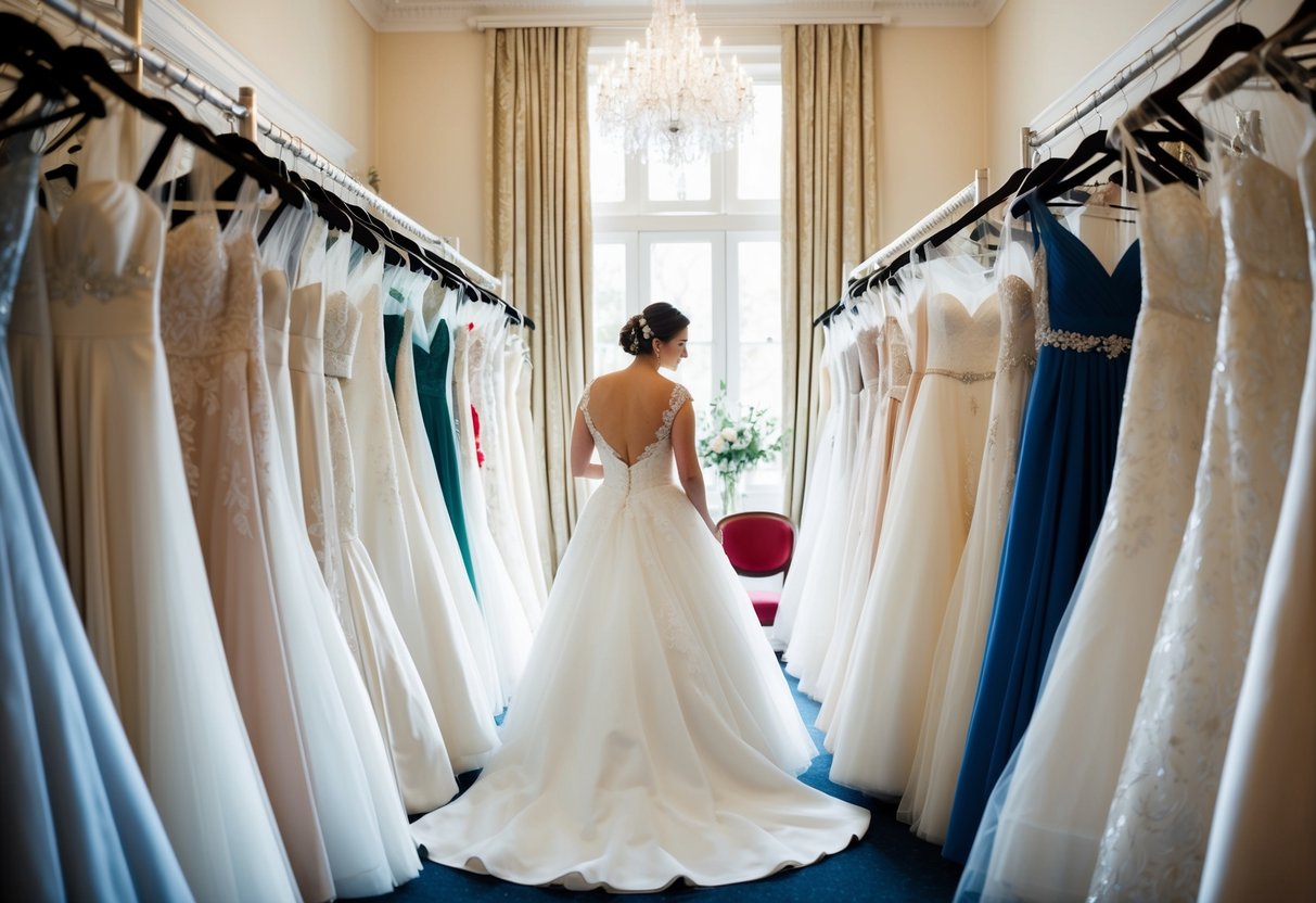 A bride stands in front of a row of elegant wedding dresses, carefully examining each one before finally selecting the perfect gown
