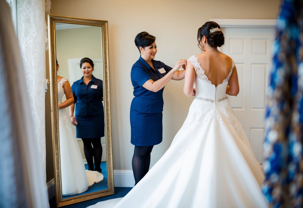 A bride stands in front of a full-length mirror, trying on a wedding dress. A salesperson adjusts the train while the bride considers accessories