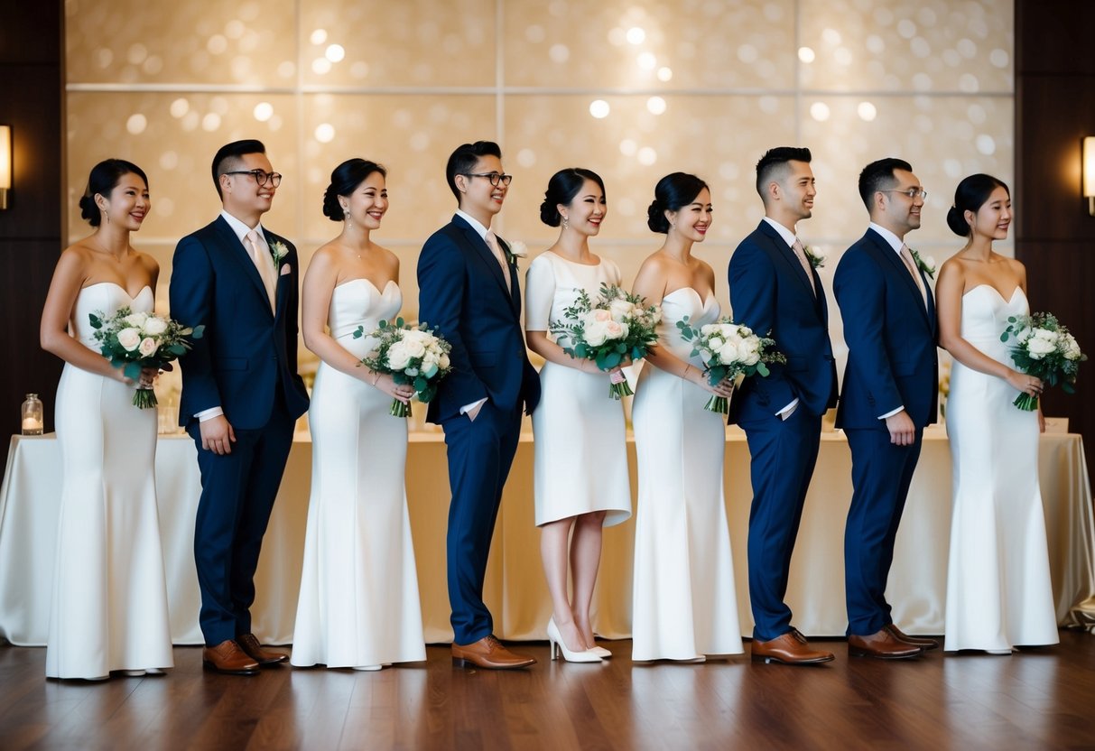 A group of seven well-dressed figures standing in a line, each holding a bouquet or a boutonniere. They are positioned in front of a decorative background, possibly at a wedding venue