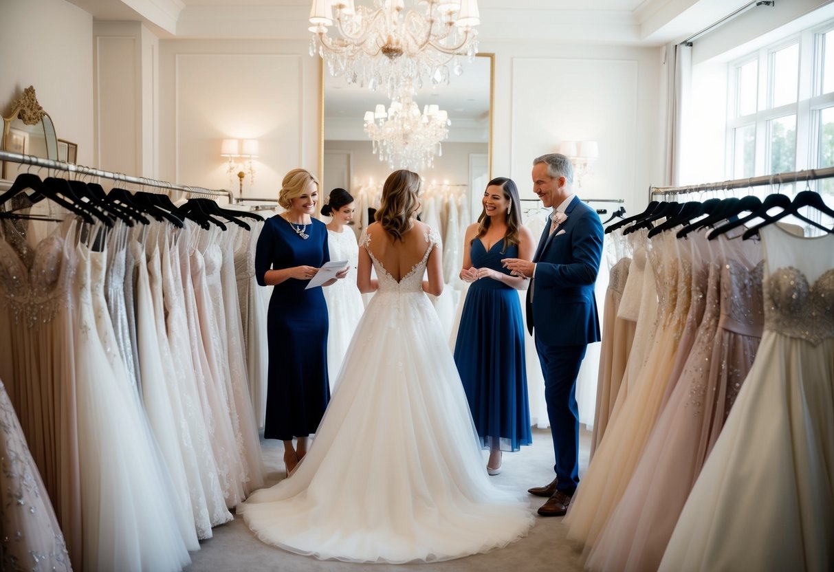 A bride's family and friends browse through racks of wedding dresses in a luxurious bridal boutique, discussing styles and details