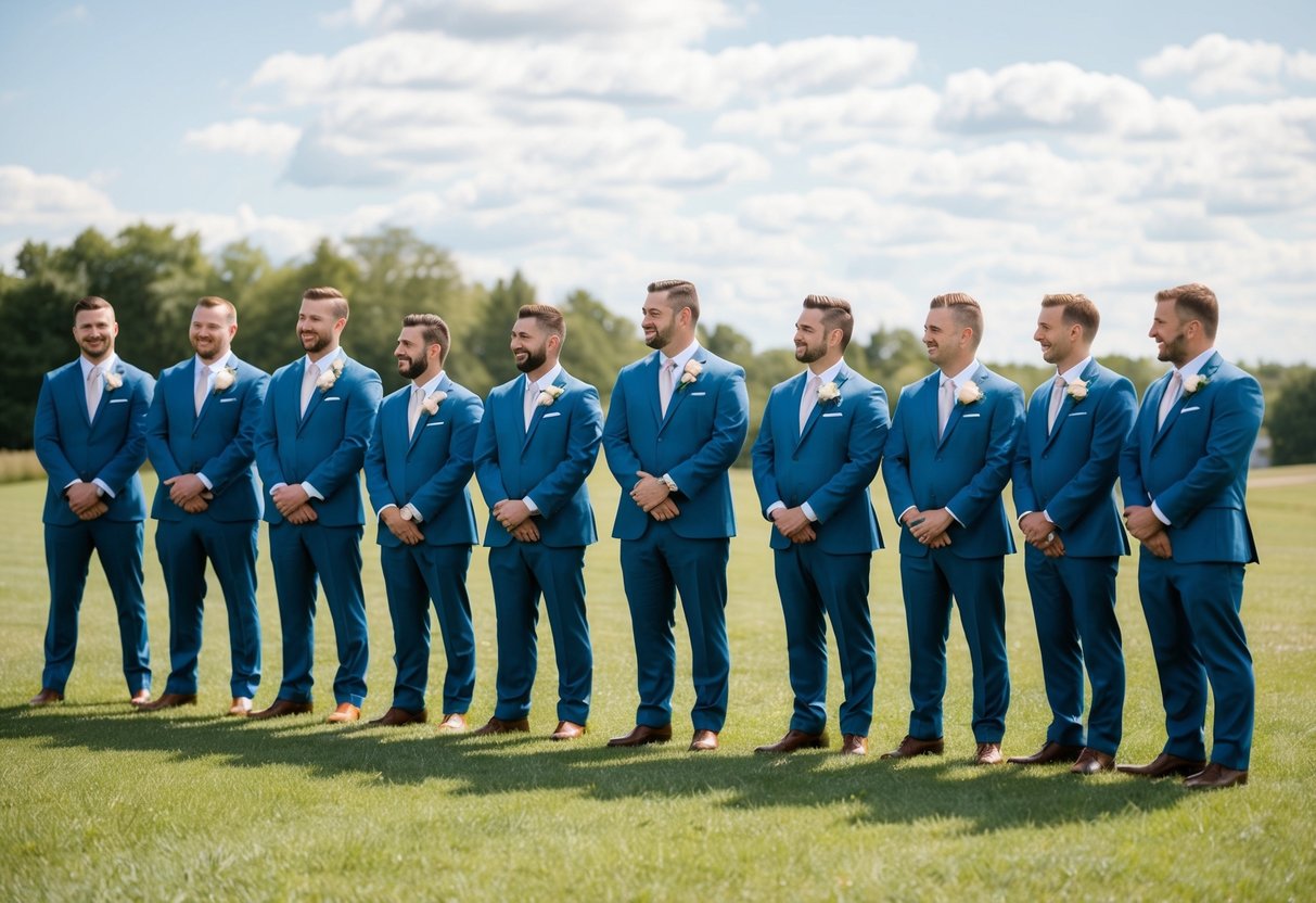 A group of groomsmen standing in a line, varying in number, dressed in matching suits and holding bouquets or boutonnieres