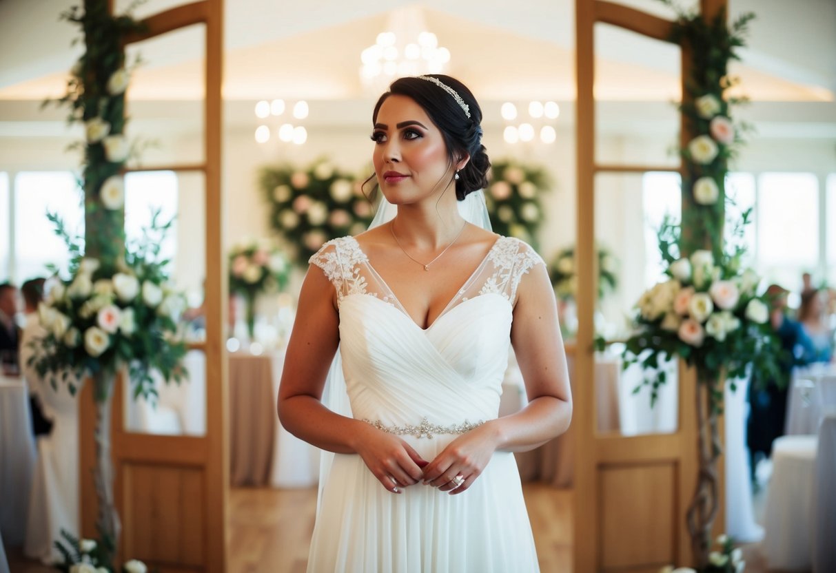 A woman in a bridesmaid dress stands in a wedding venue, surrounded by flowers and decorations, looking uncertain