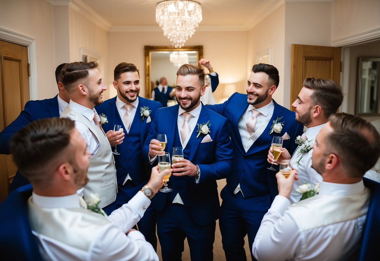 A group of groomsmen partaking in pre-wedding activities, such as getting ready or celebrating, in the UK