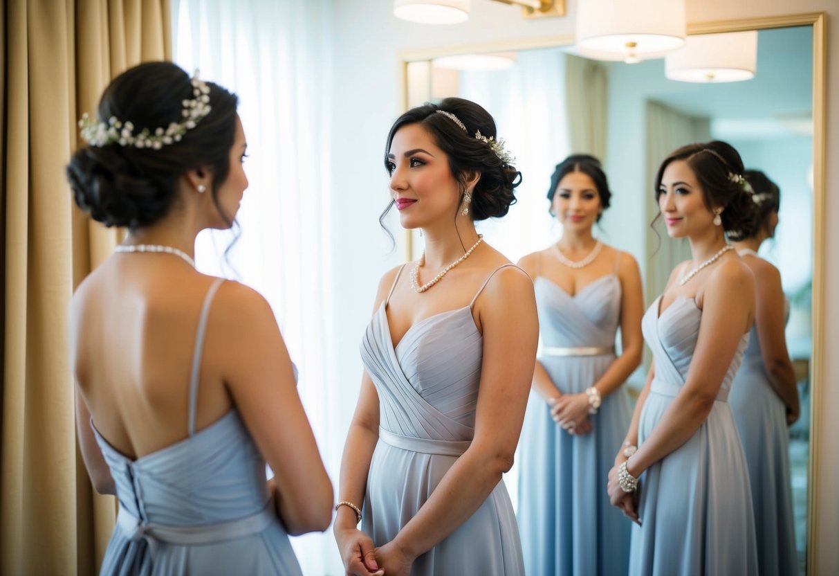 A woman standing in front of a mirror, trying on a bridesmaid dress with different accessories, contemplating her outfit choice for a wedding