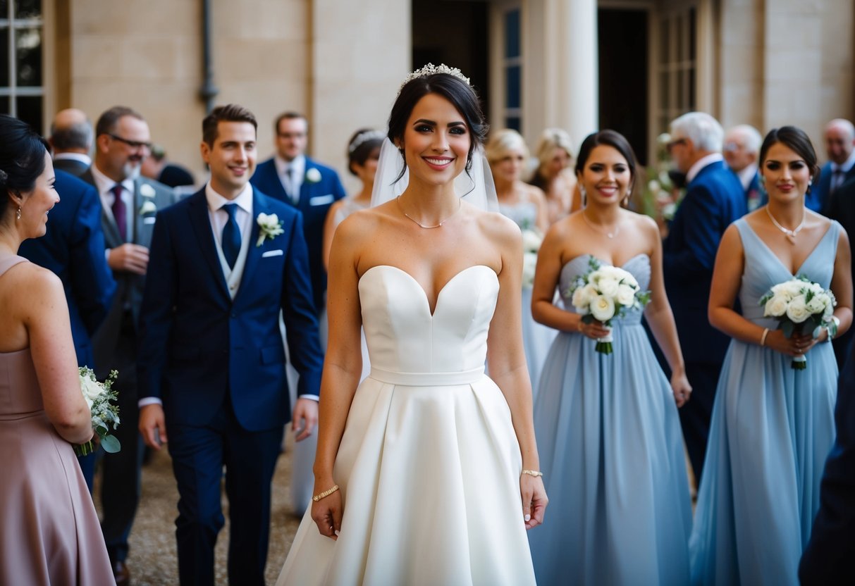 A woman in a bridesmaid dress stands at a wedding, surrounded by other guests in formal attire