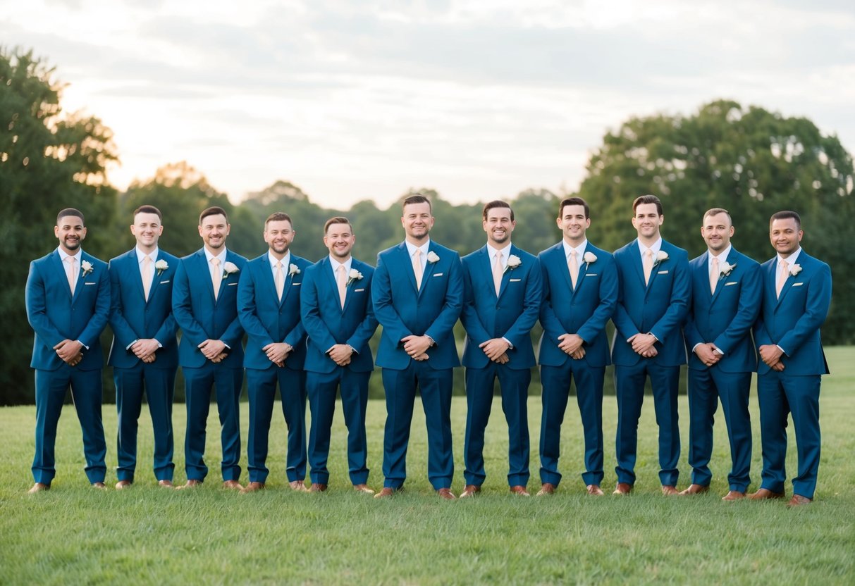 A group of 15 groomsmen standing in a row, wearing matching suits and holding bouquets or boutonnieres
