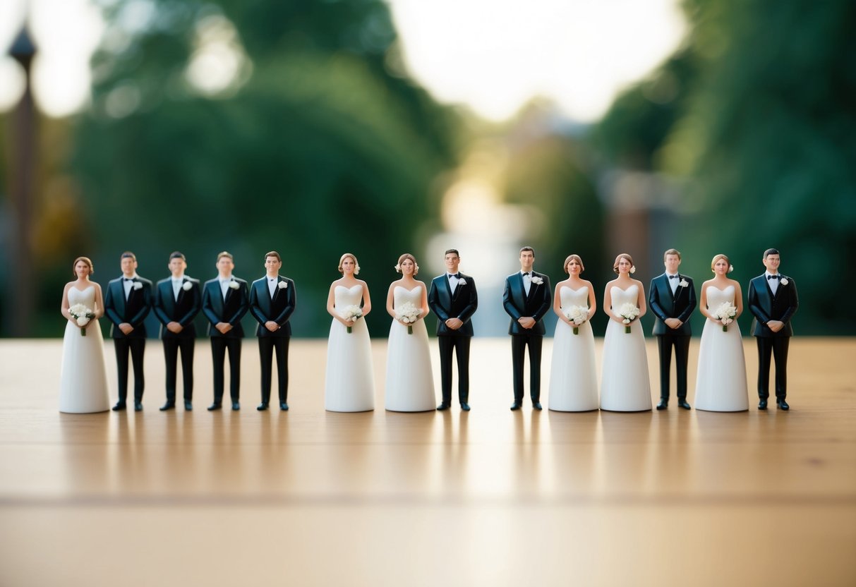 A group of 15 identical objects arranged in a line, representing the concept of a wedding party