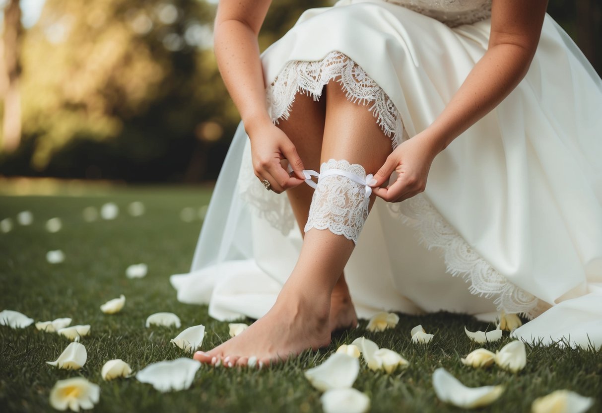 A bride sits, adjusting a garter on her leg, surrounded by scattered petals and lace