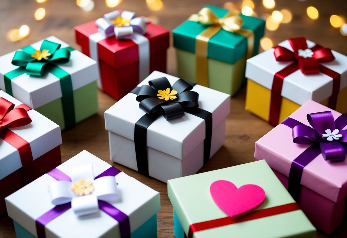 A group of 15 gift boxes arranged in a semi-circle, with each box adorned with a different symbol of appreciation such as a bow, flower, or heart