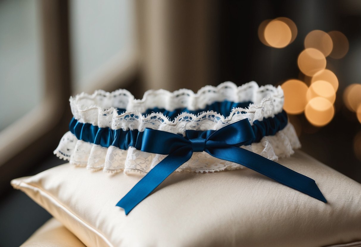 A garter adorned with lace and a small blue ribbon, resting on a satin pillow