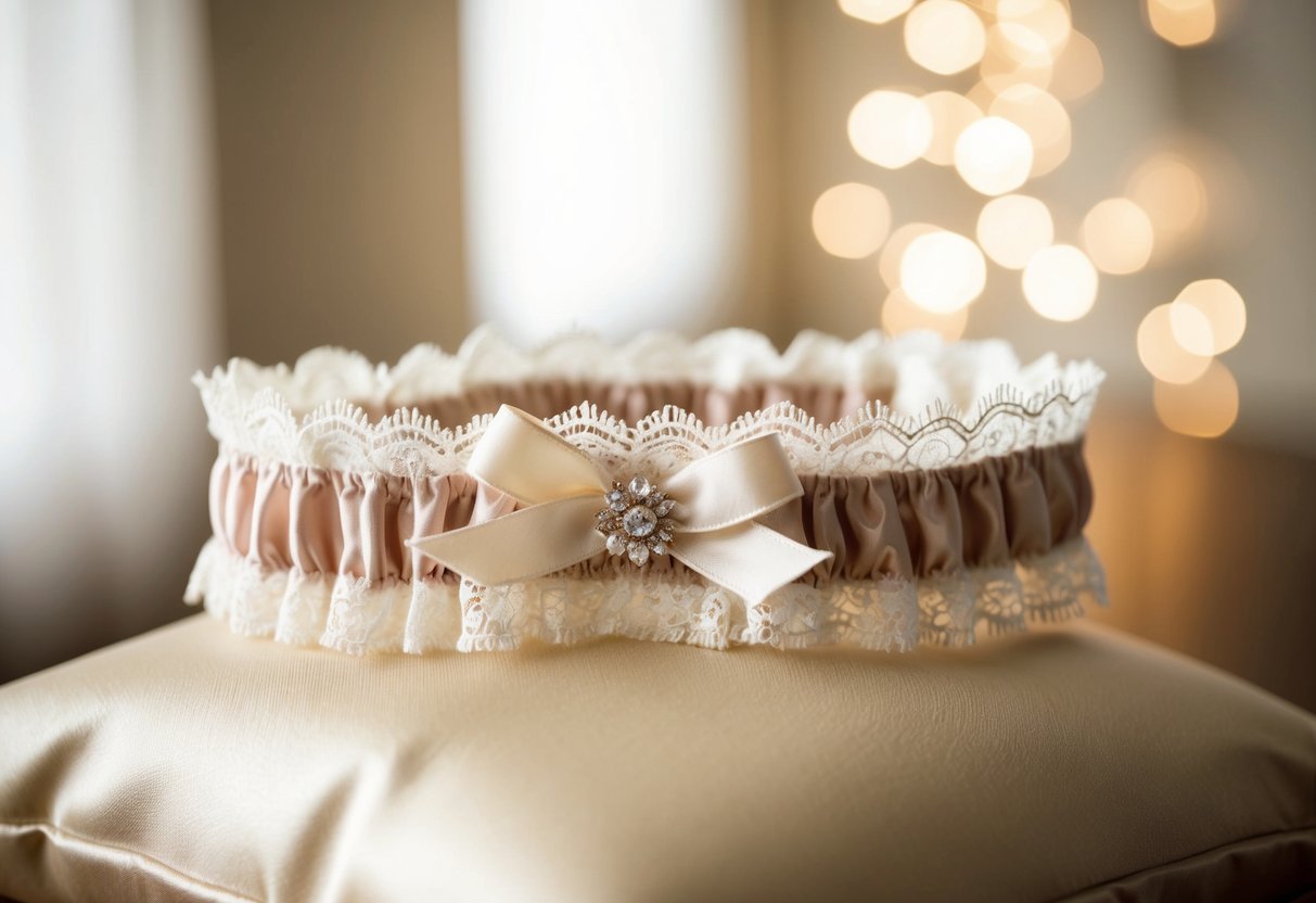 A garter adorned with lace and a delicate bow, resting on a satin cushion