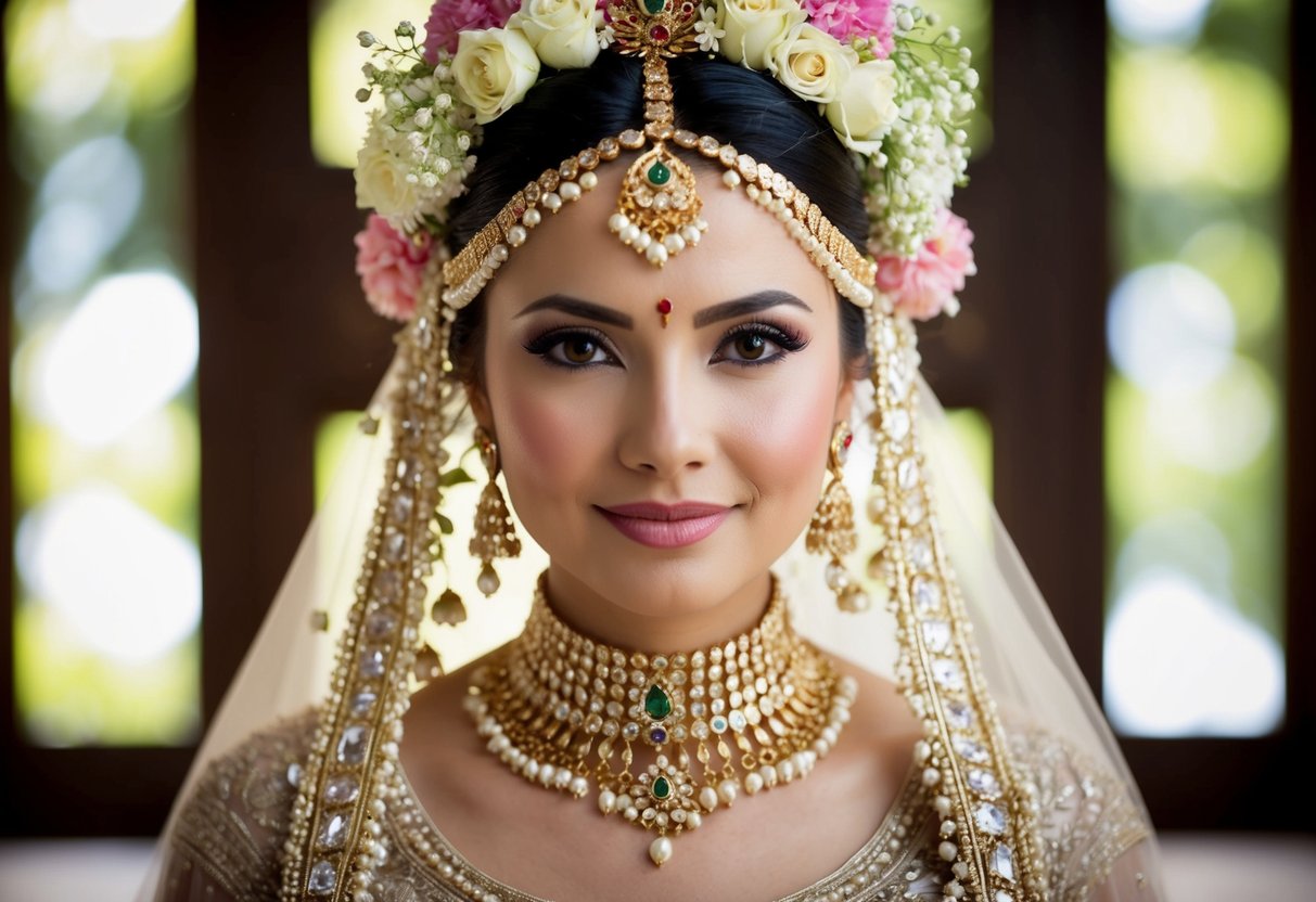 A bride wears a delicate and ornate headpiece adorned with flowers and jewels, symbolizing her cultural and traditional significance
