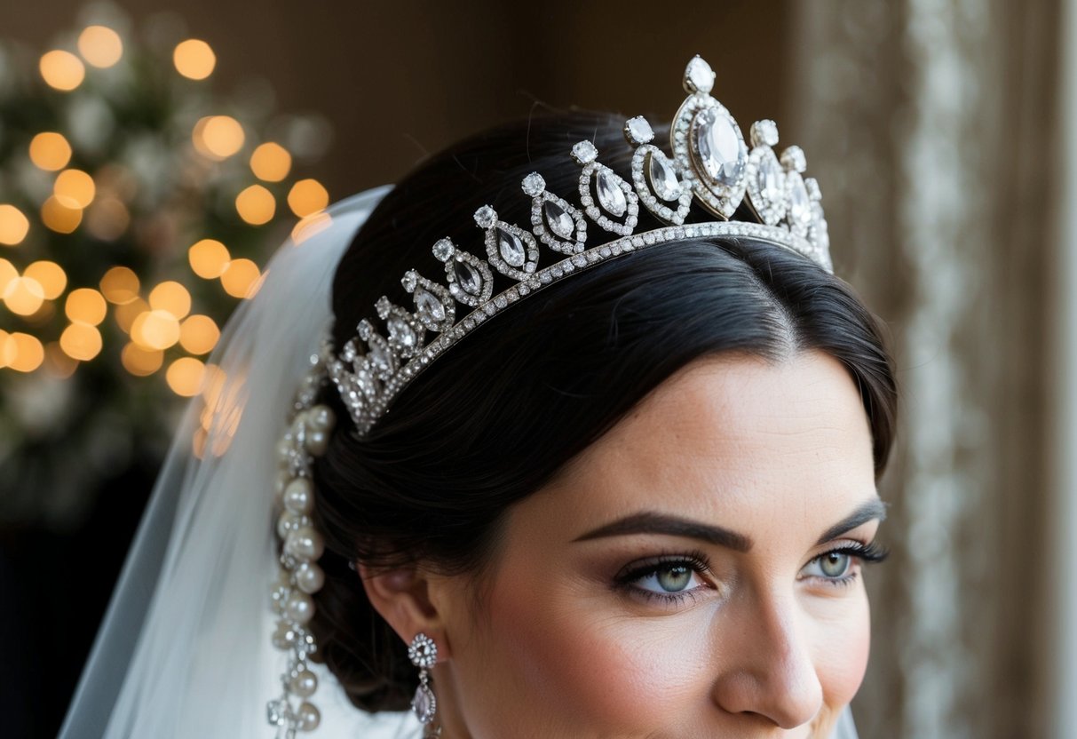 A bride wears a delicate, bejeweled tiara atop her head, adorned with shimmering crystals and pearls, adding a touch of elegance to her bridal ensemble