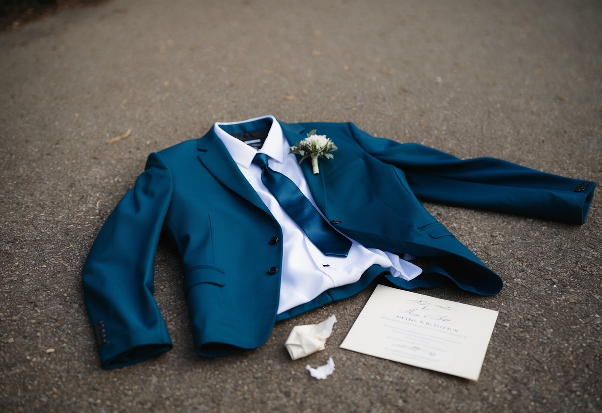 A groomsman's suit jacket and tie tossed on the ground, with a crumpled note and a torn wedding invitation nearby