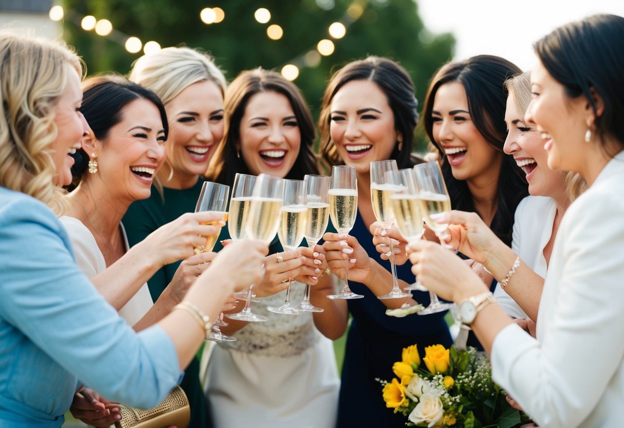 A group of women celebrating, laughing, and toasting with champagne at a bridal shower