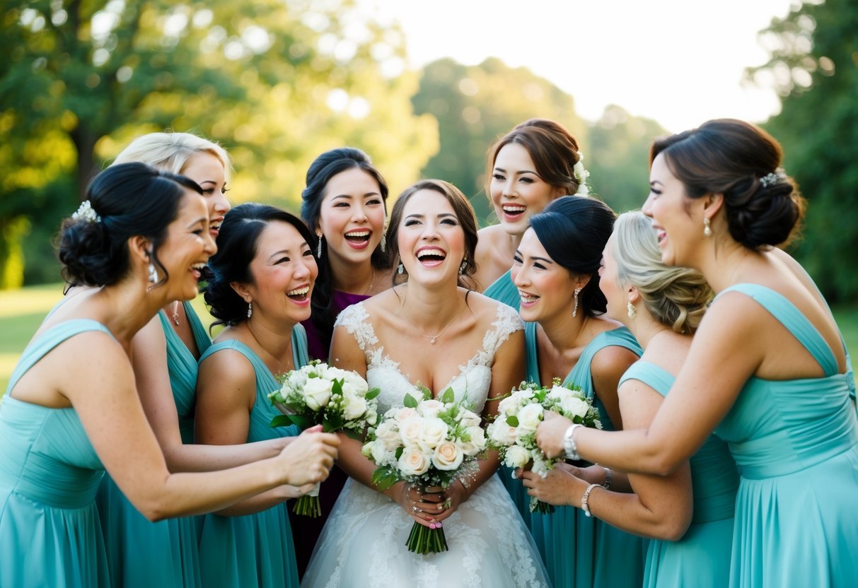A group of women in elegant attire gather around the bride, laughing and chatting excitedly