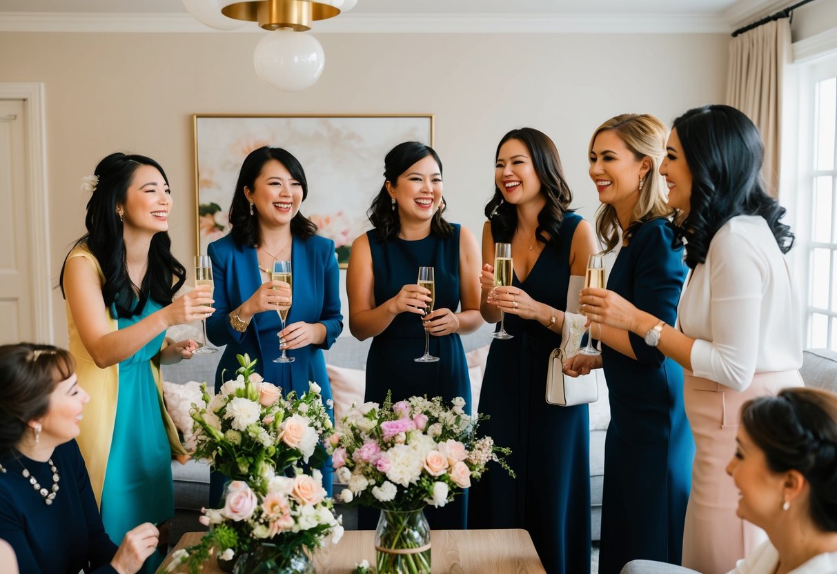 A group of women gather in a cozy living room, laughing and chatting while sipping champagne and arranging flowers for the upcoming wedding