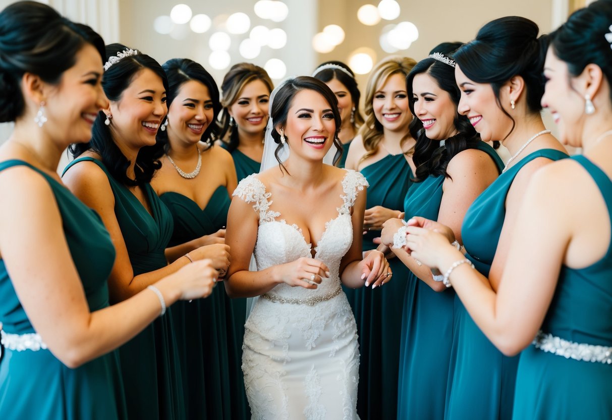 A group of women in elegant dresses gather around the bride, smiling and laughing as they prepare for the wedding ceremony