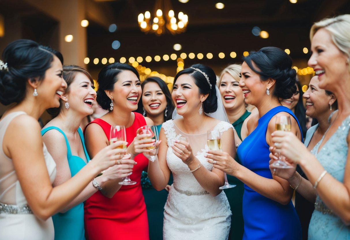 A group of women in elegant attire gather in a festive atmosphere, laughing and chatting as they celebrate the bride's upcoming nuptials