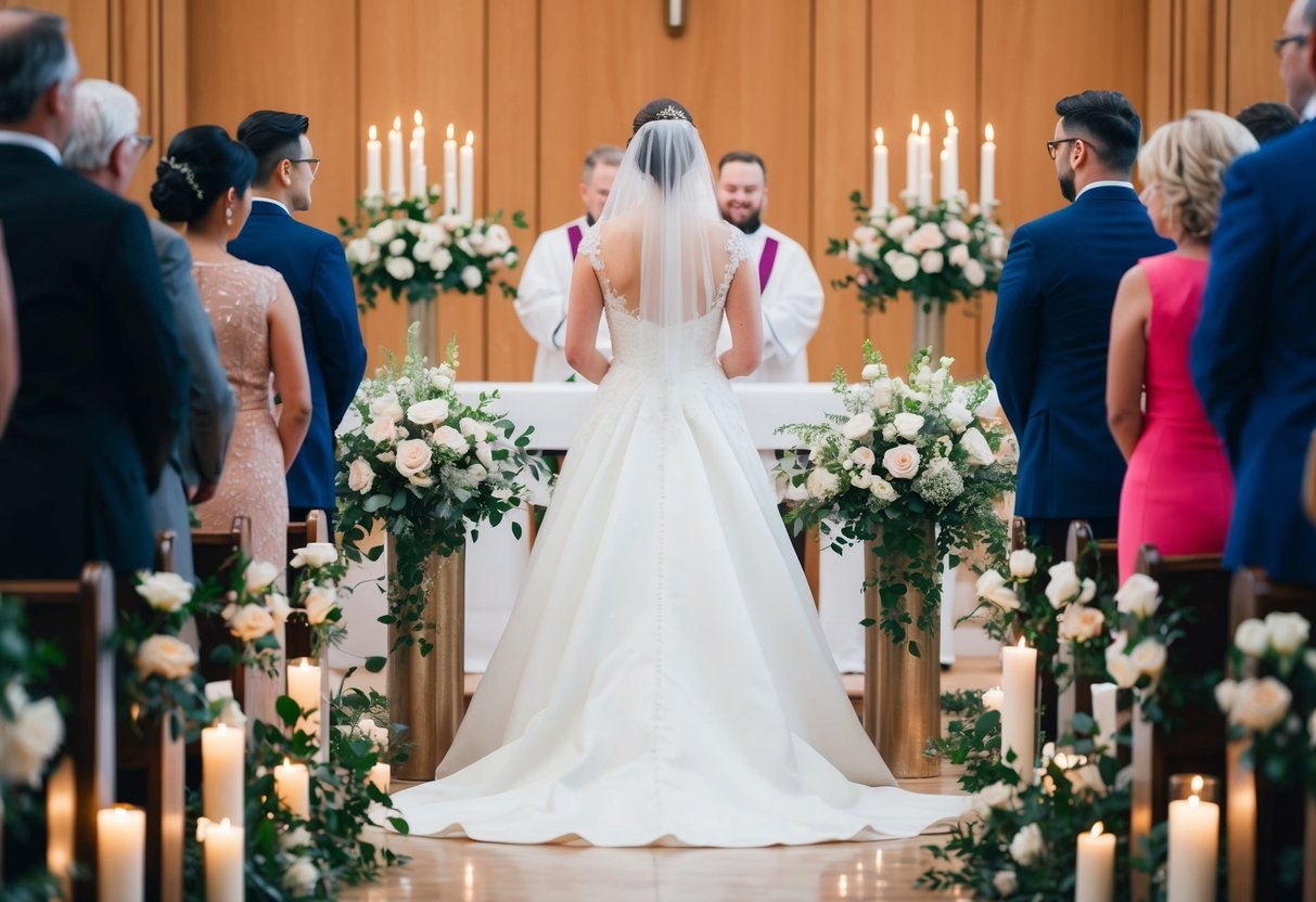 A bride in a white gown, surrounded by flowers and candles, stands at the altar