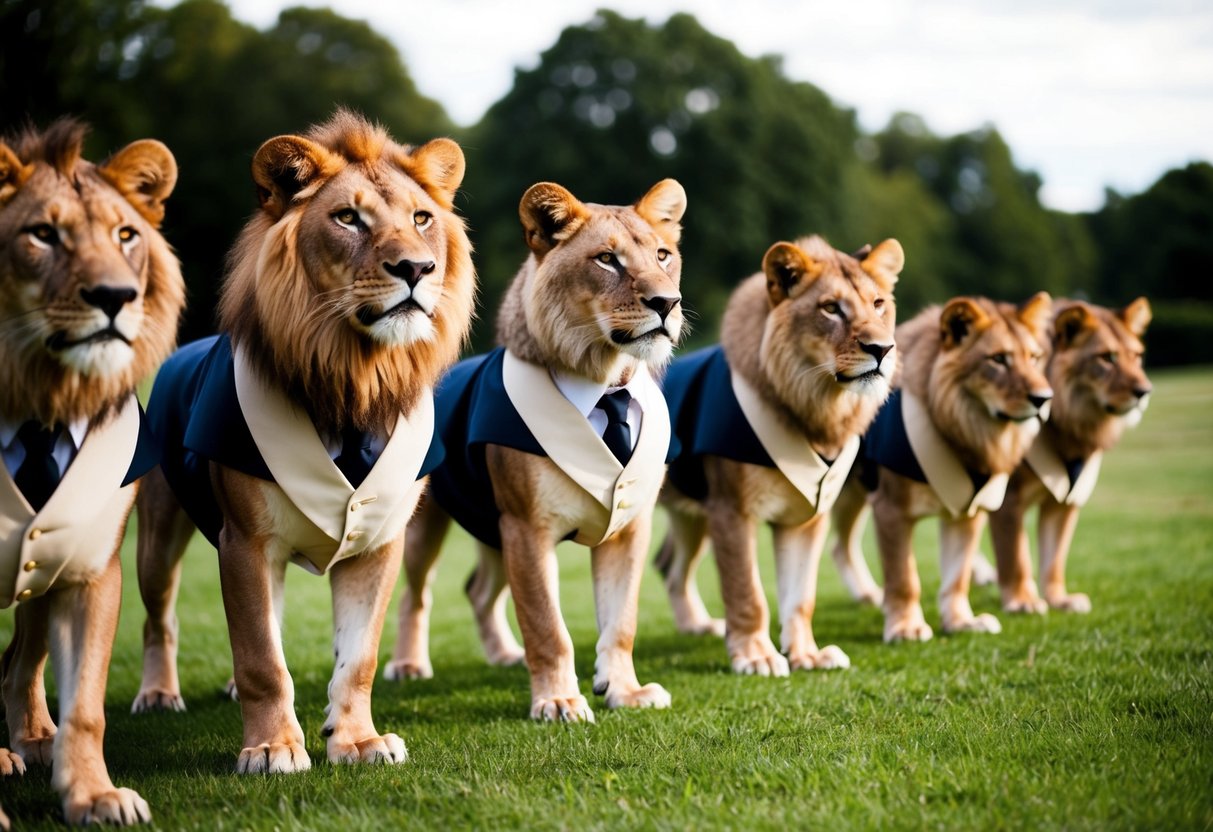 A group of animals, such as lions or wolves, standing in a row wearing formal attire at a wedding