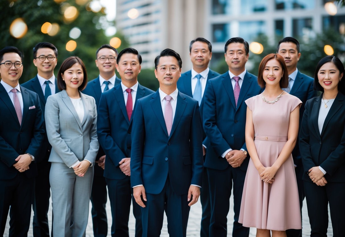 A group of people standing together, some wearing suits and others wearing dresses, with one or two individuals in the center appearing to be the focus of attention