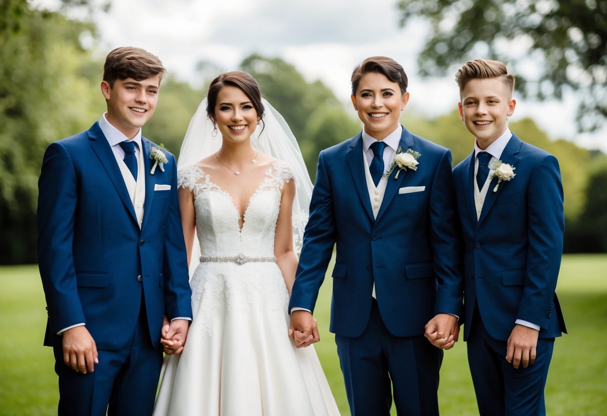 Two siblings standing beside the bride and groom, smiling and holding hands