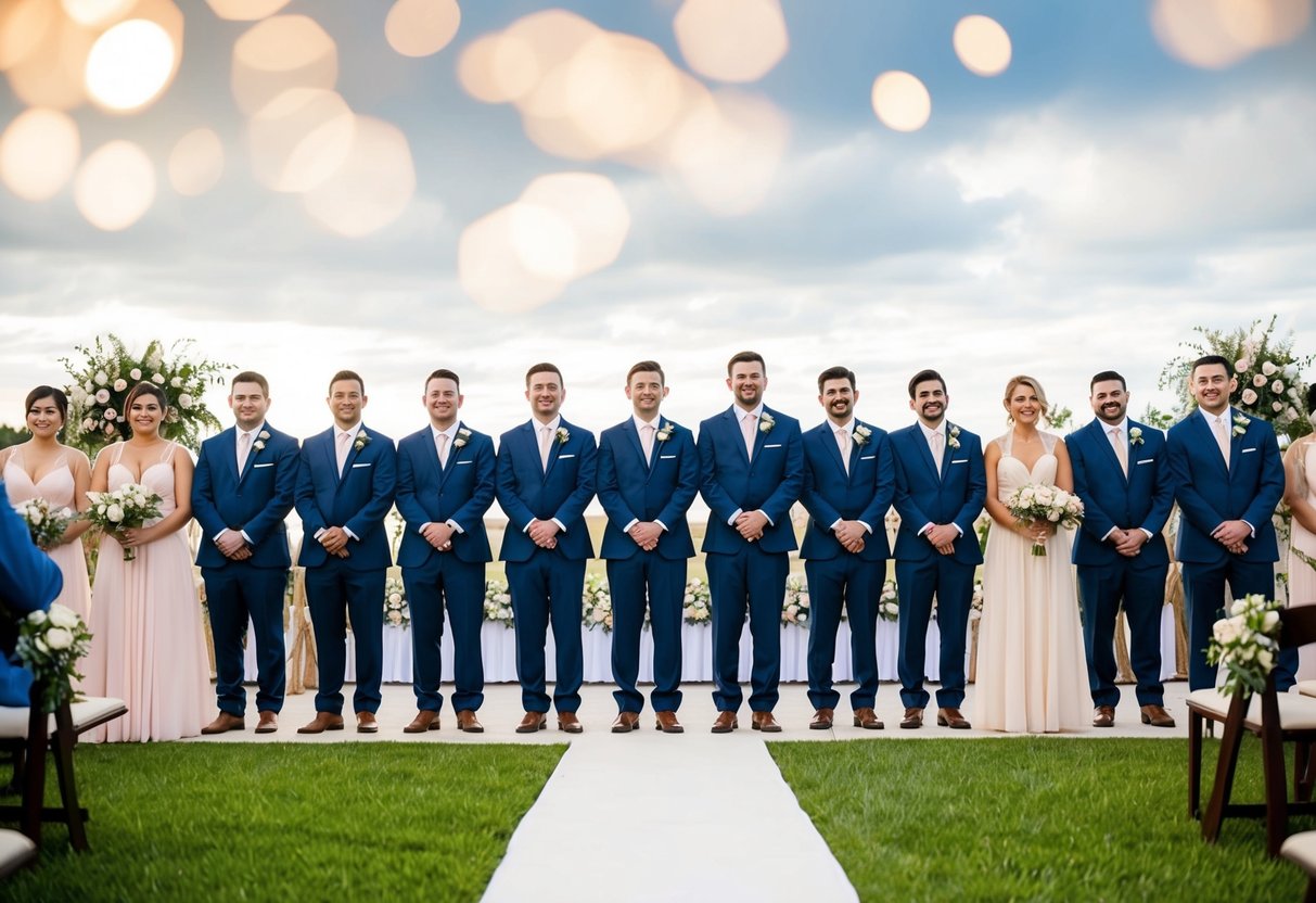 A group of groomsmen and bridesmaids stand in a line, with the groom's siblings included in the lineup. The setting is a traditional wedding ceremony with flowers and decorations in the background
