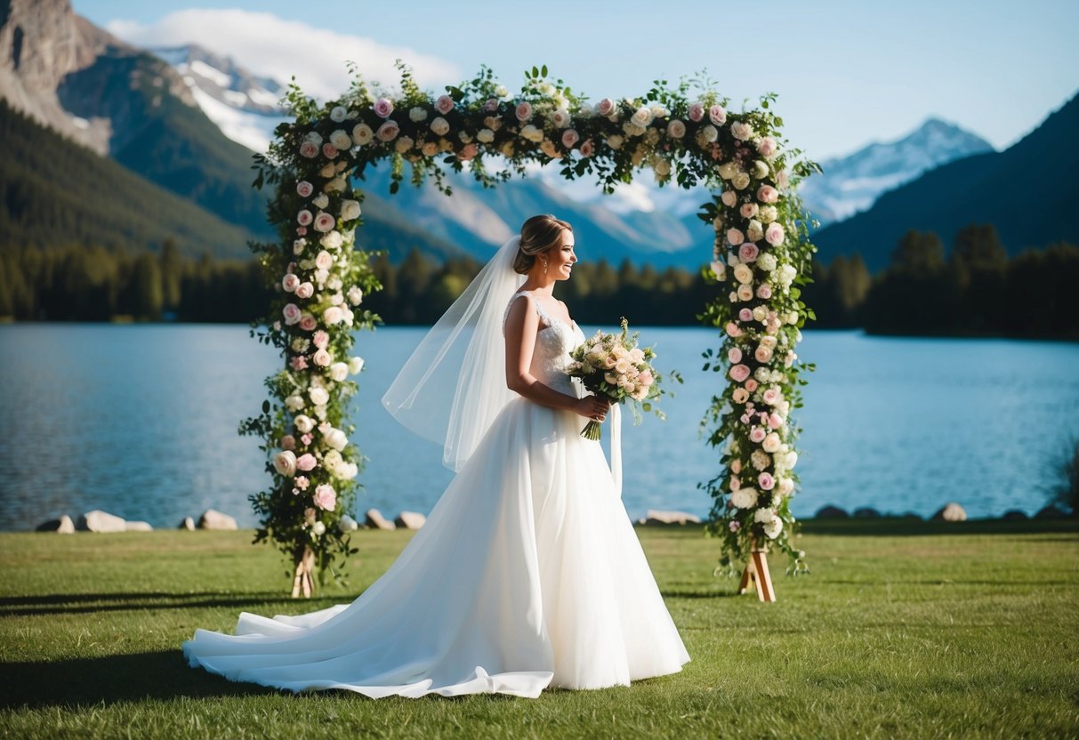 A bride in a flowing white gown and veil, holding a bouquet, stands under a floral archway with a scenic backdrop of mountains and a serene lake