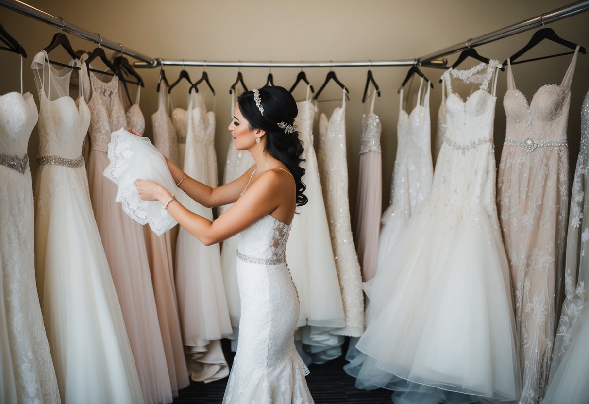 A bride stands in front of a rack of wedding dresses, each one more beautiful than the last. She carefully examines the intricate lace, flowing skirts, and sparkling embellishments, trying to imagine herself walking down the aisle in each one
