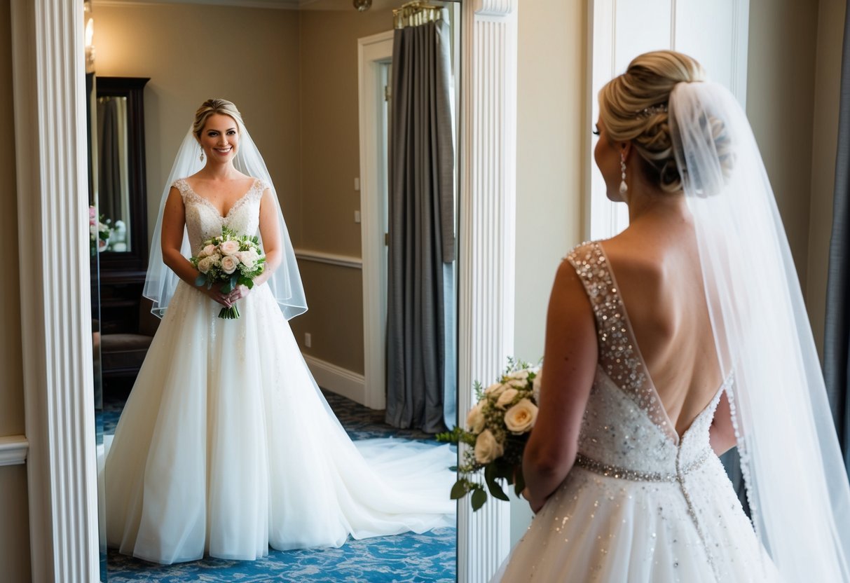 A bride stands in front of a full-length mirror, wearing a flowing white gown with delicate lace and intricate beading. A veil cascades down her back, and she holds a bouquet of fresh flowers