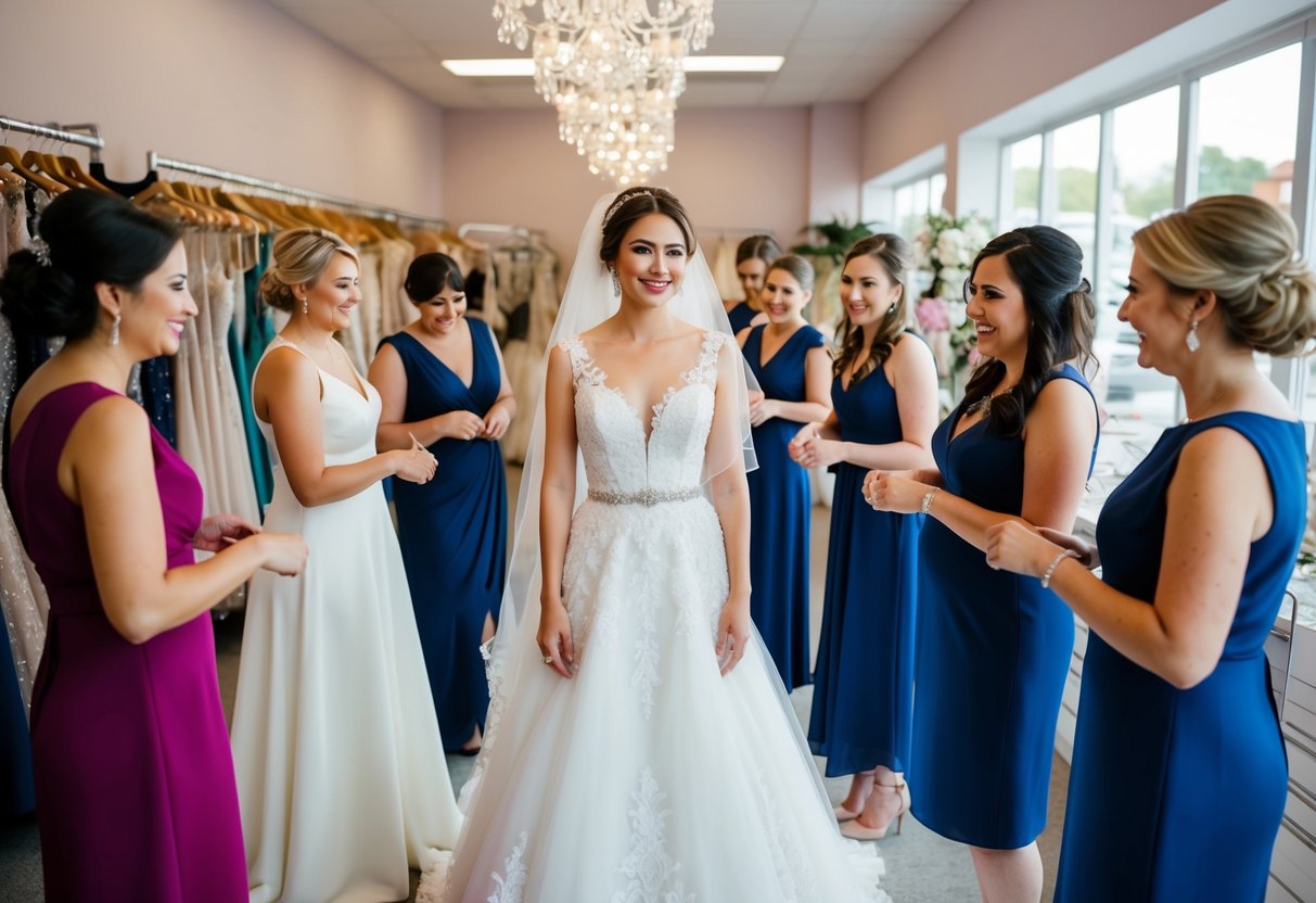 A bride stands surrounded by her wedding party, trying on different dresses in a bustling bridal shop