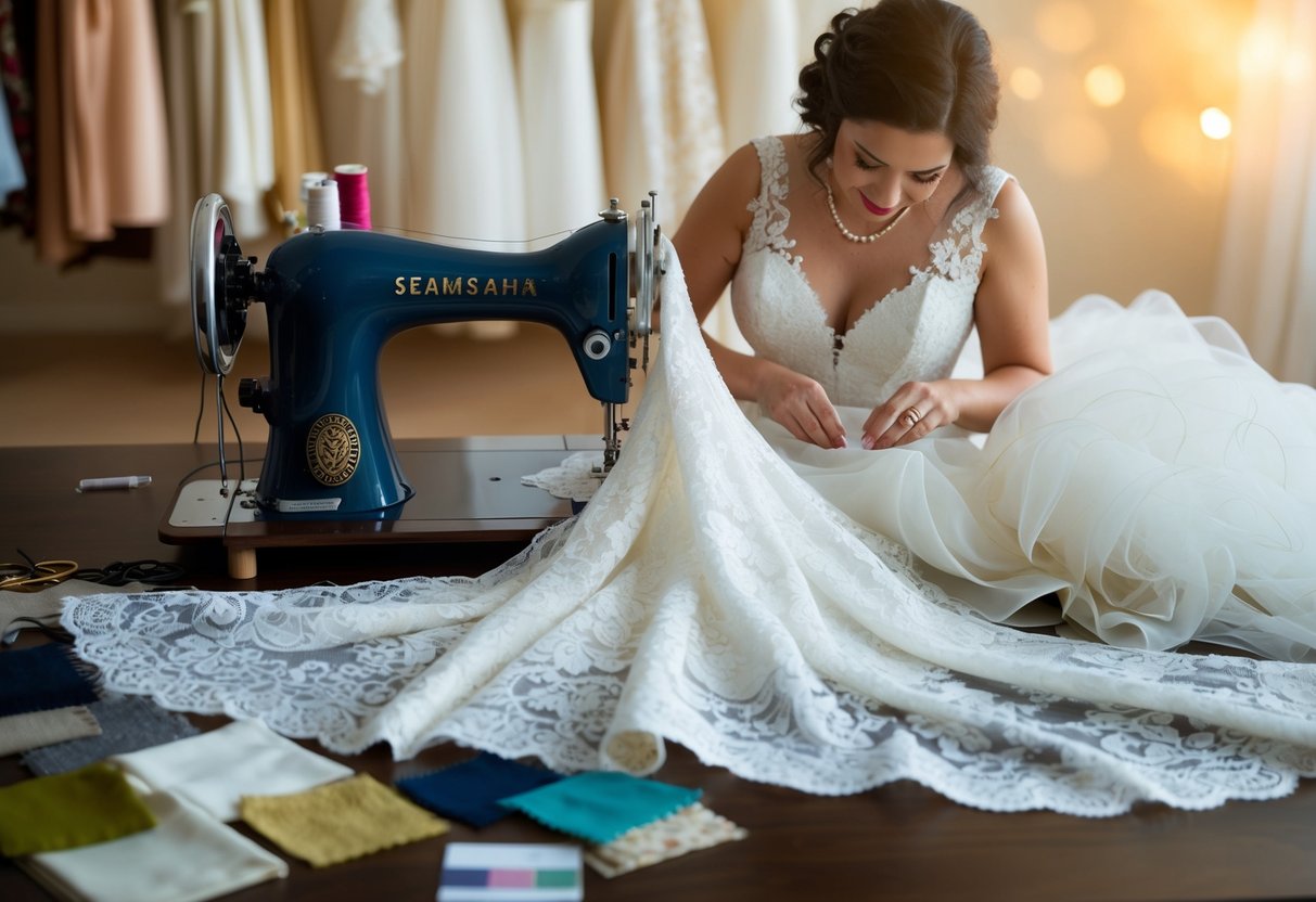 A seamstress working on a lace wedding dress with a flowing train, surrounded by fabric swatches and a sewing machine