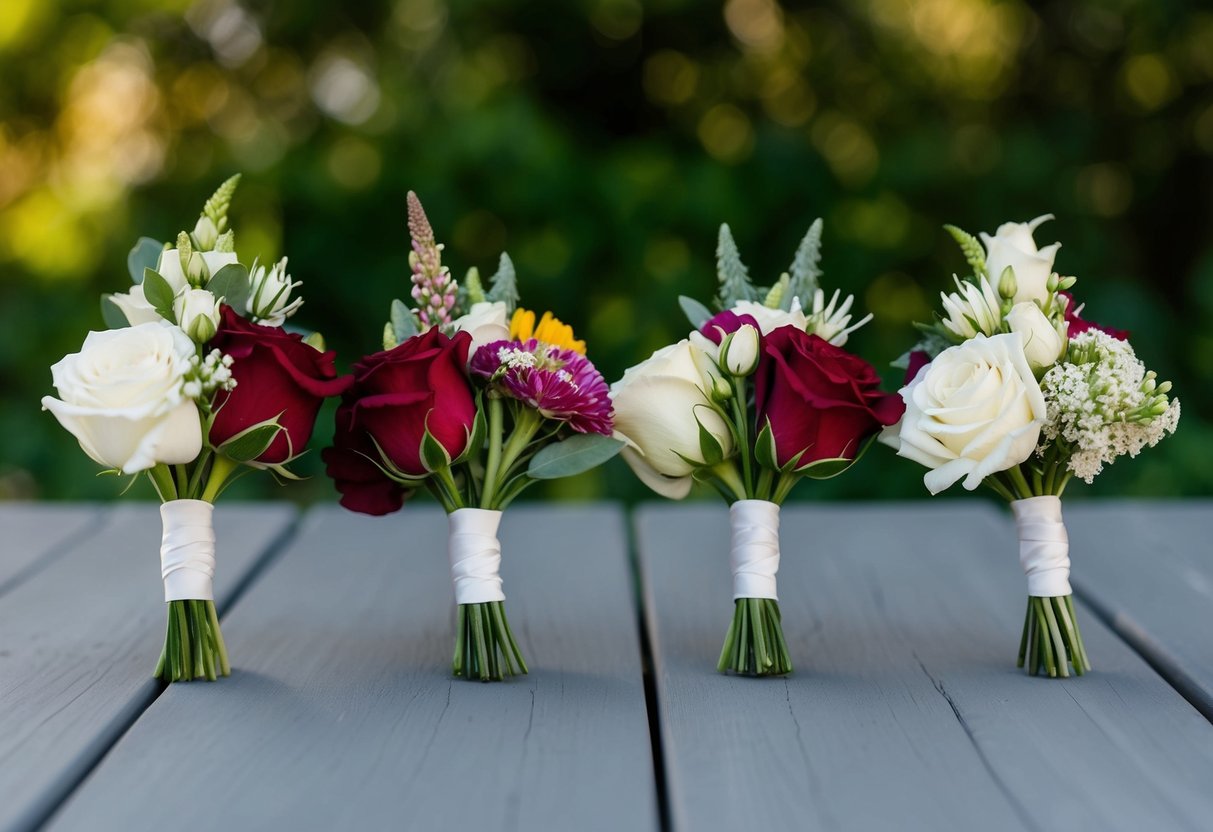 Four elegant boutonnieres arranged in a row, each with a unique design, symbolizing the presence of multiple best men at a wedding