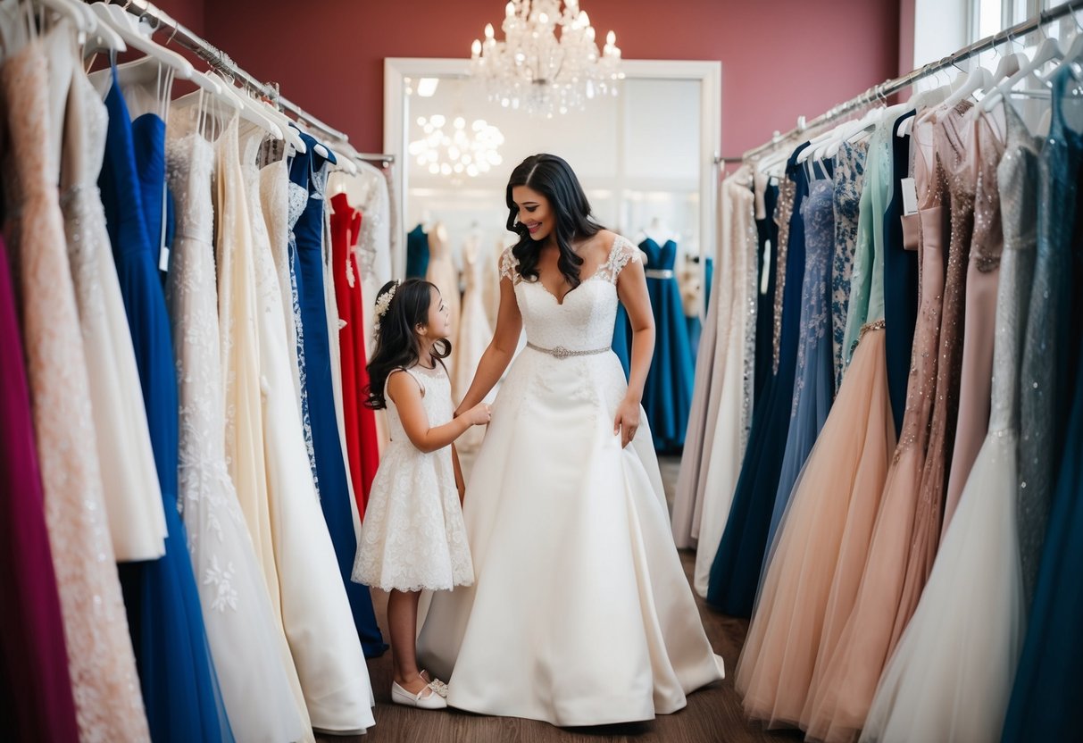 A dress shop with elegant gowns on display, a mother and daughter browsing through the racks, discussing styles and colors for the upcoming wedding