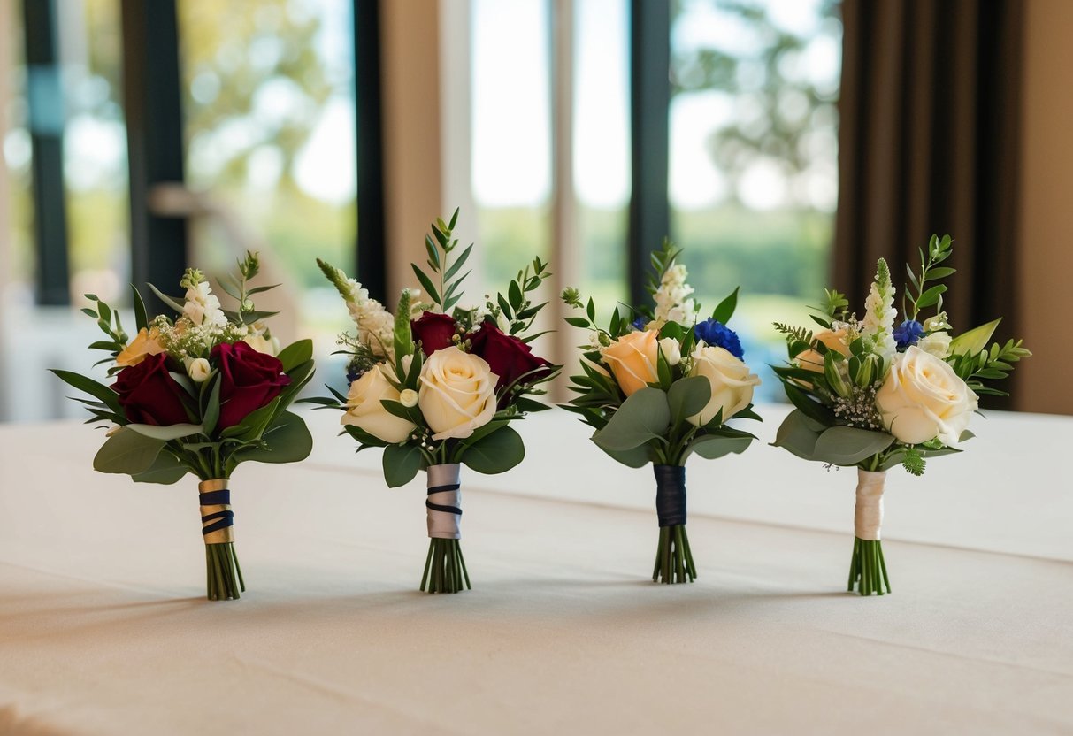 Four elegant boutonnieres arranged on a table, each with a different design and color scheme, representing the multiple best men at a wedding