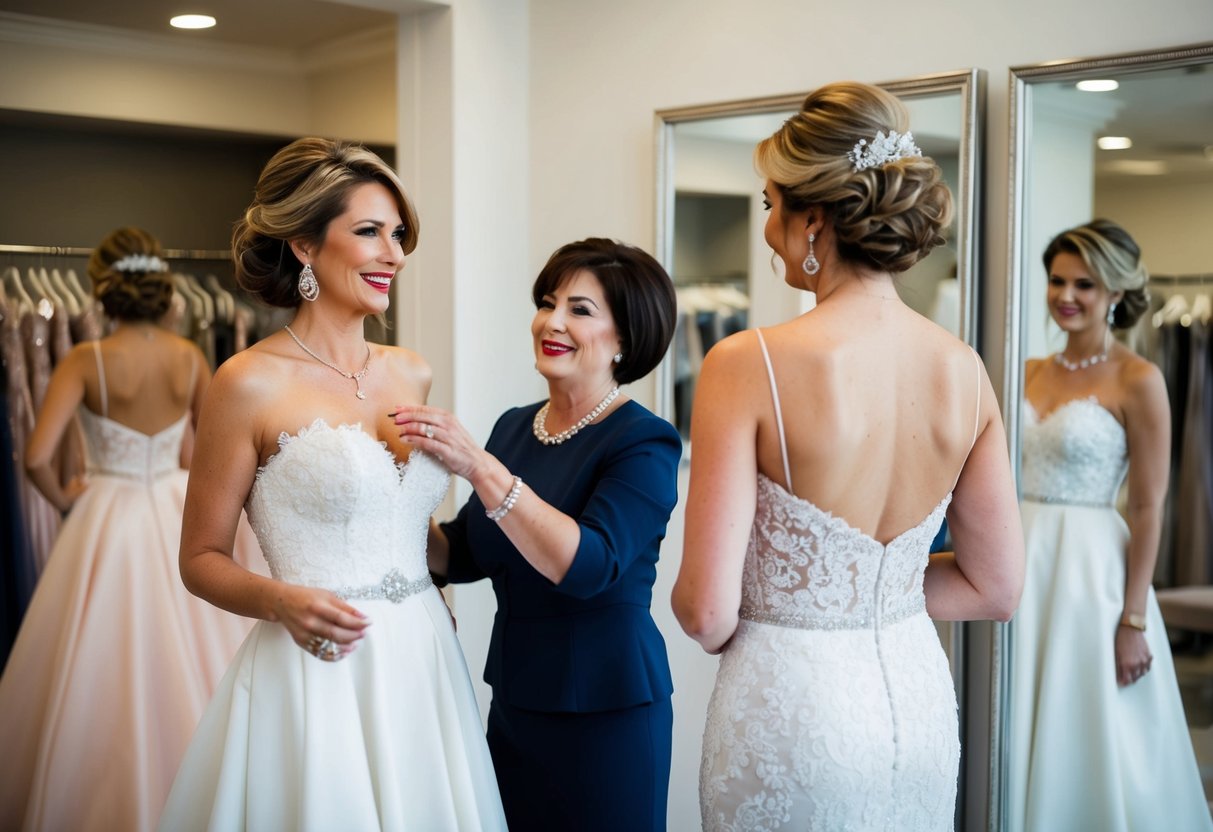 A boutique with elegant dresses, a mother of the bride trying on gowns, a helpful salesperson assisting her, and a mirror reflecting her image