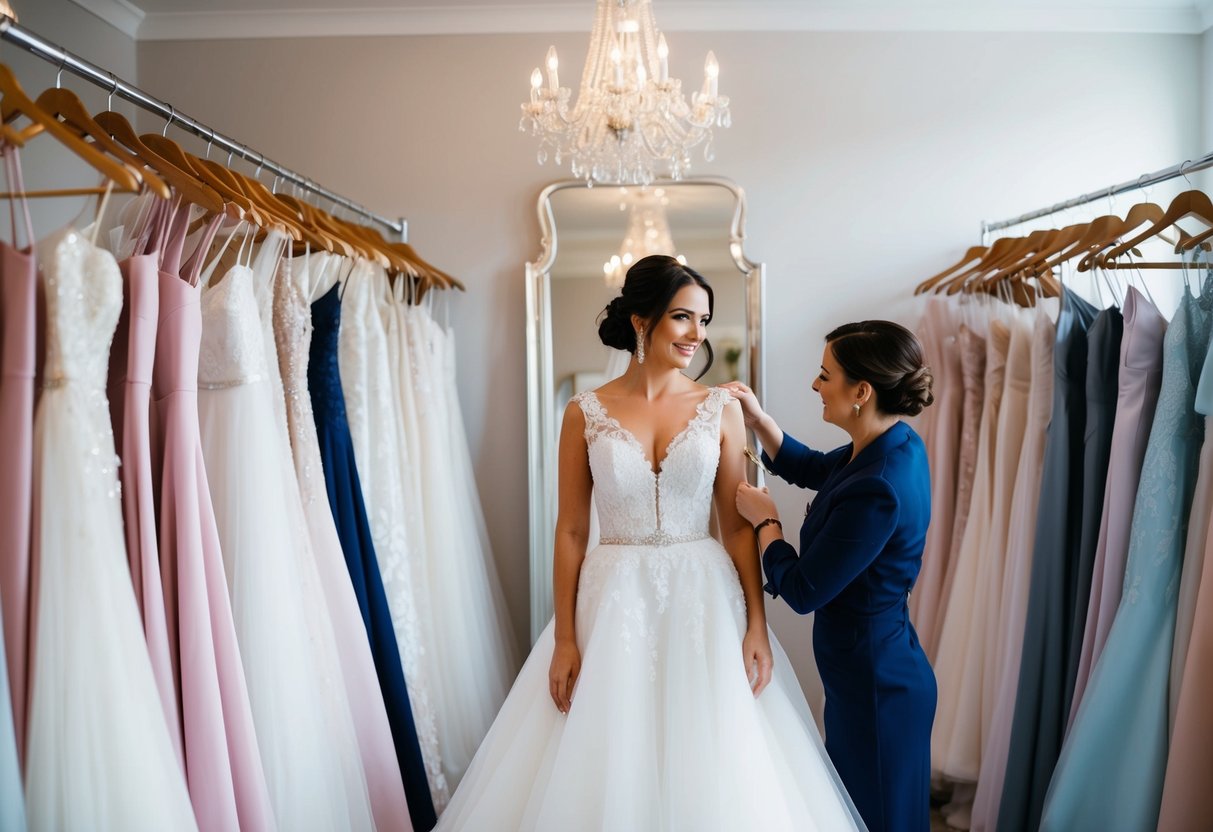 A bride-to-be standing in a bridal boutique, surrounded by racks of wedding dresses, while a seamstress takes measurements for alterations