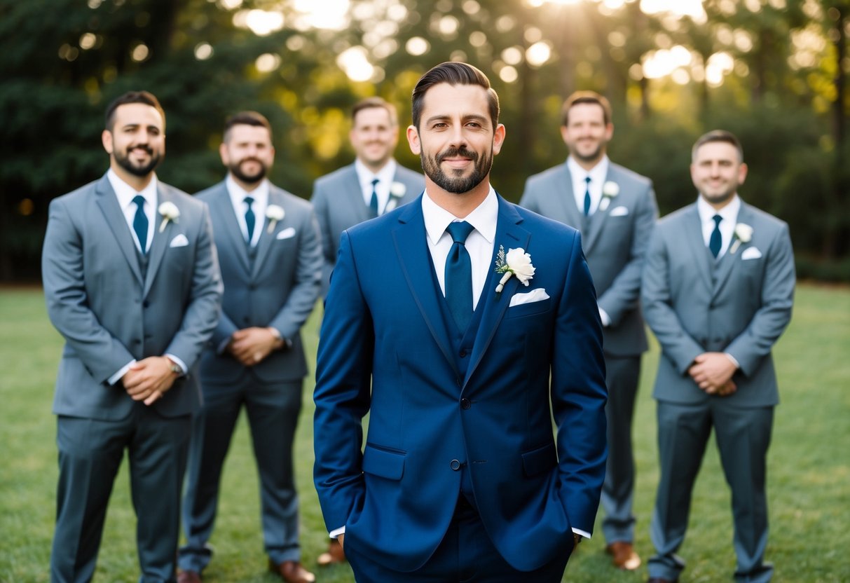 The groom stands out in a navy blue suit while his groomsmen wear matching gray suits